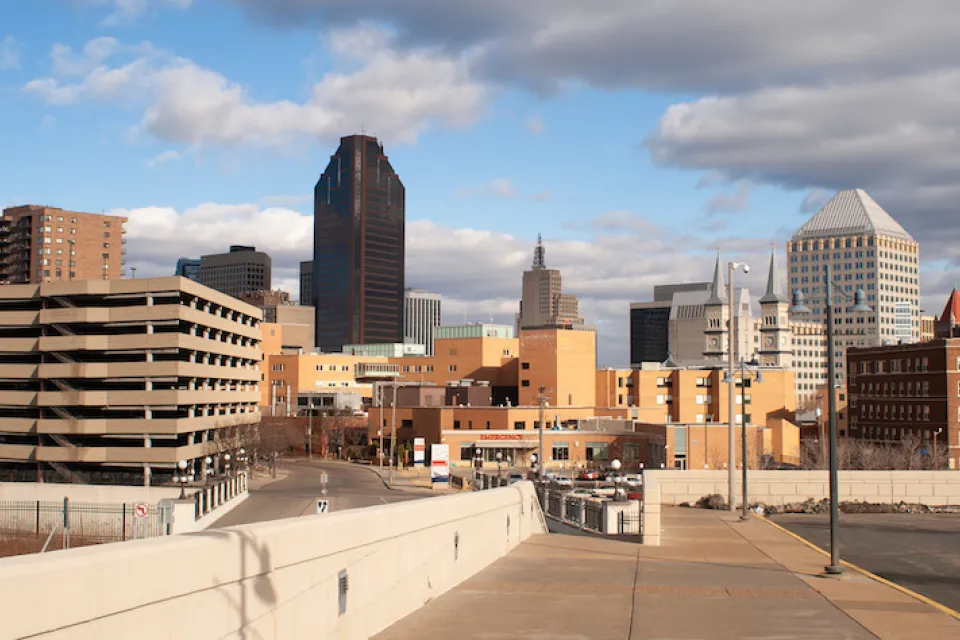 View of parking structures and downtown St. Paul, Minnesota skyline.